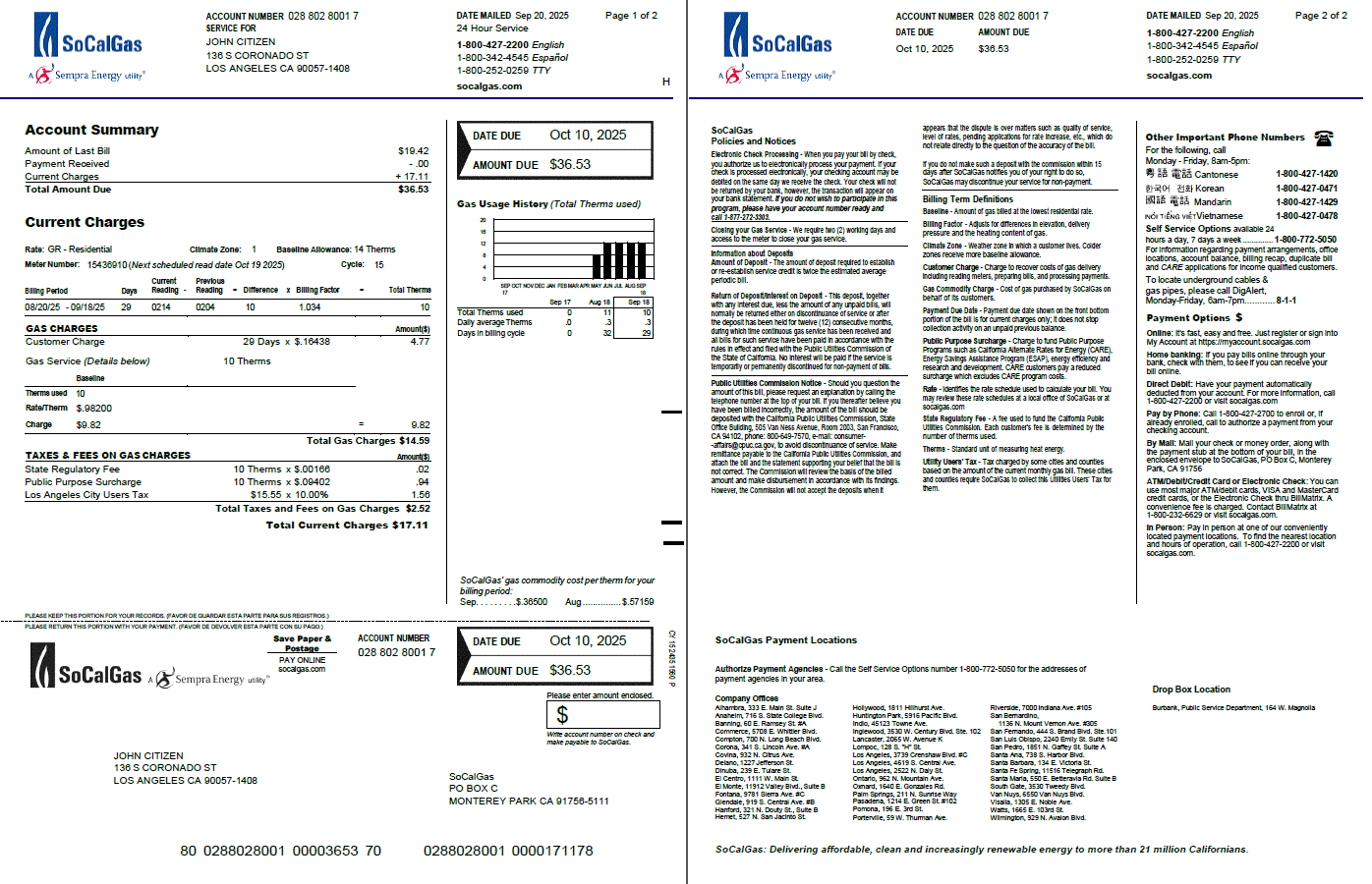 USA So Cal gas utility bill template in Word and PDF formats, 2 pages, version 2