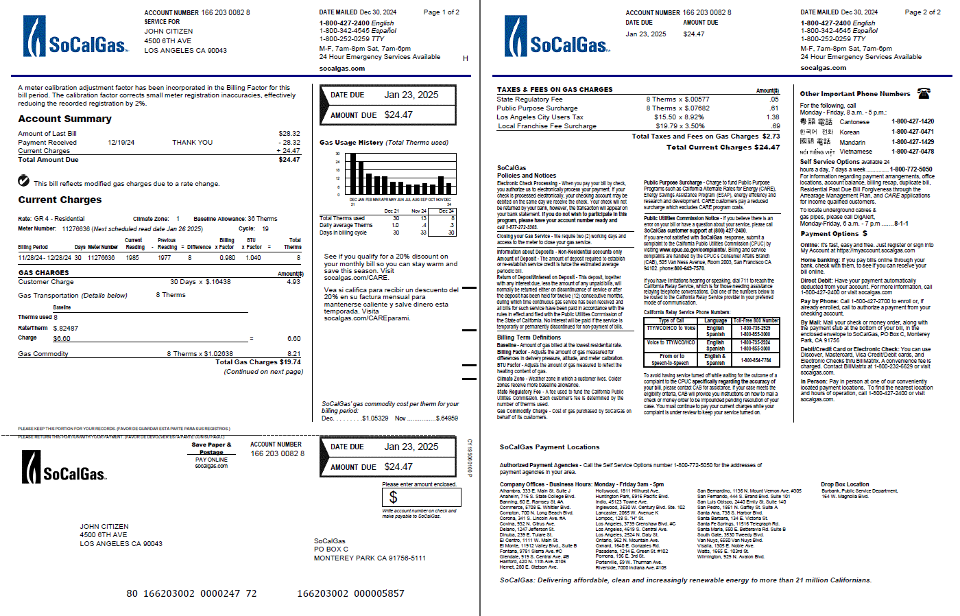 USA So Cal gas utility bill template in Word and PDF formats, 2 pages, version 4