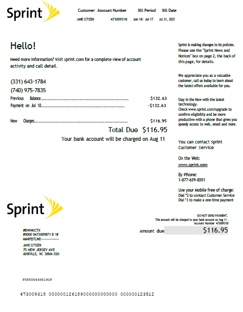 USA Sprint utility bill template in Word and PDF formats, version 2