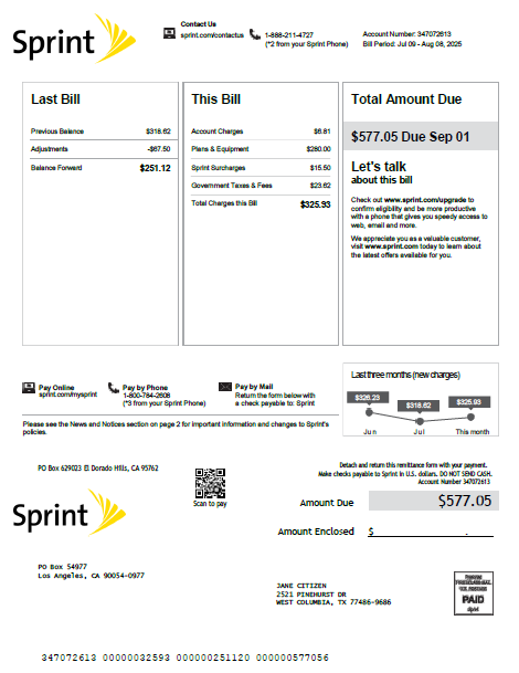 USA Sprint utility bill template in Word and PDF formats, version 3