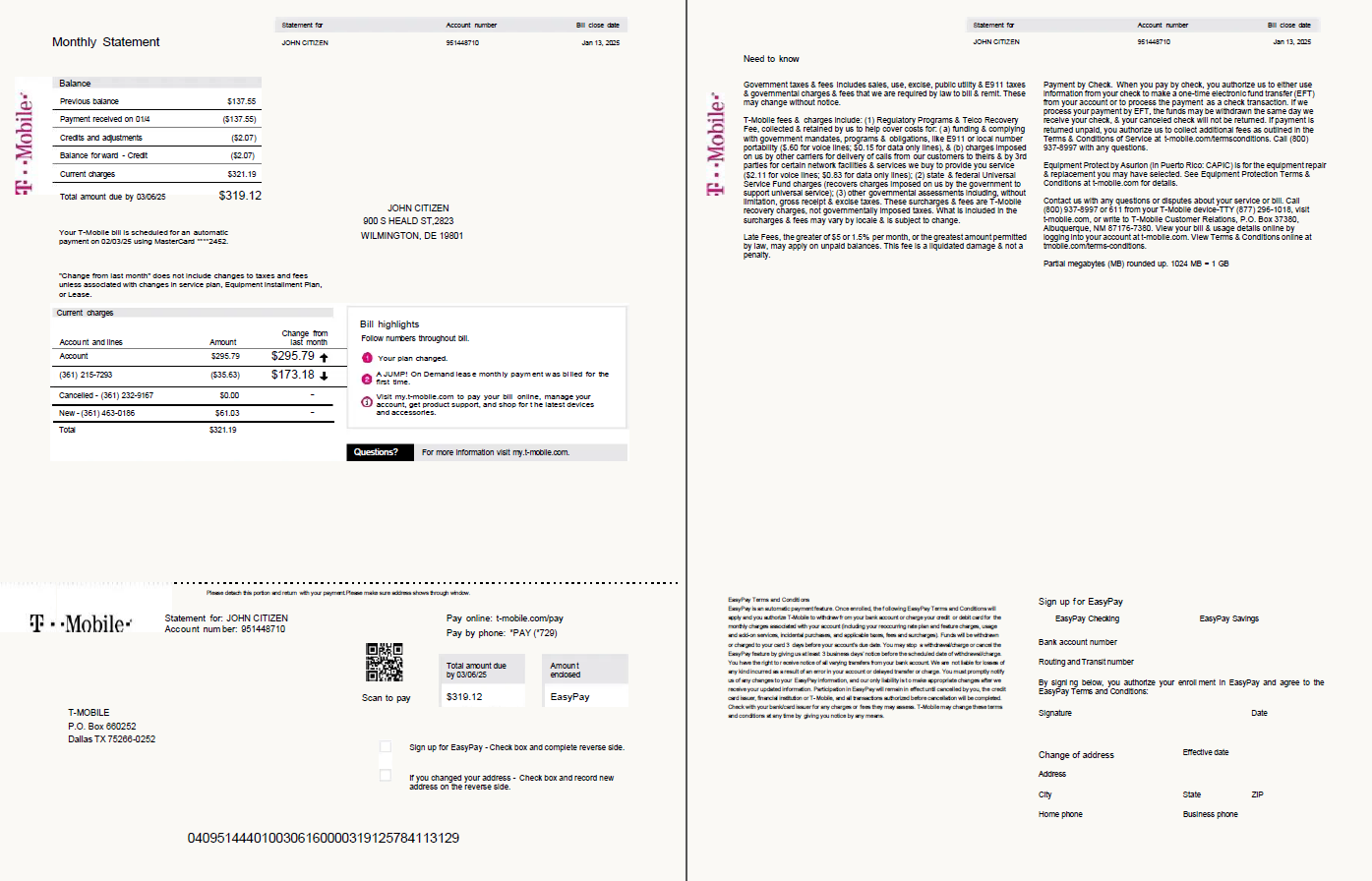 USA T-mobile utility bill template in Word and PDF formats, 2 pages, version 2