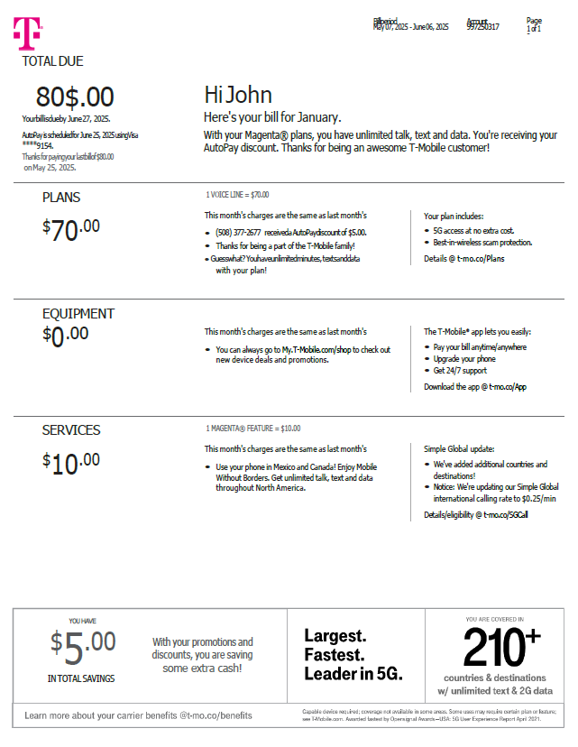 USA T-mobile utility bill template in Word and PDF formats, version 3