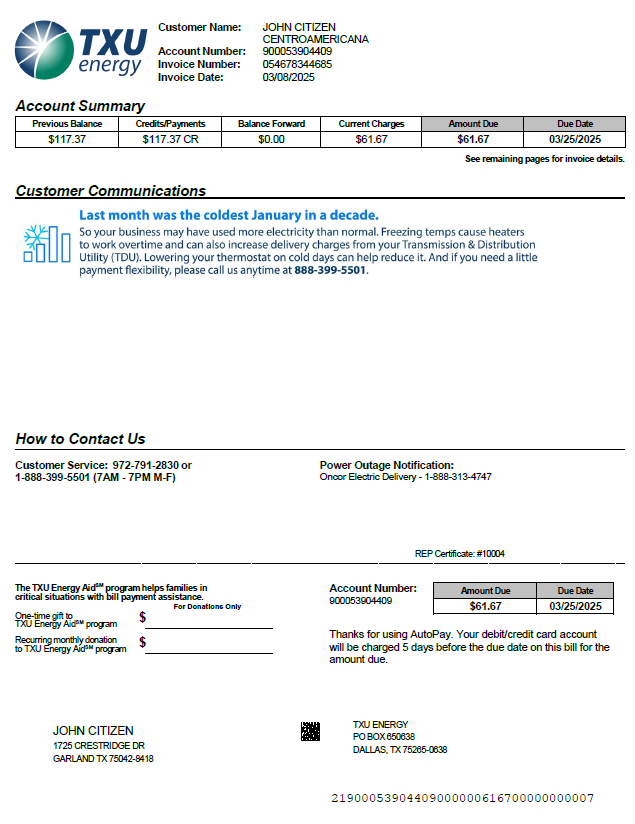 USA TXU Energy utility bill template in Word and PDF formats, version 4