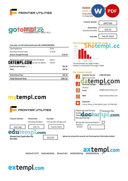 USA Texas Frontier Utilities business utility bill template in Word and PDF formats