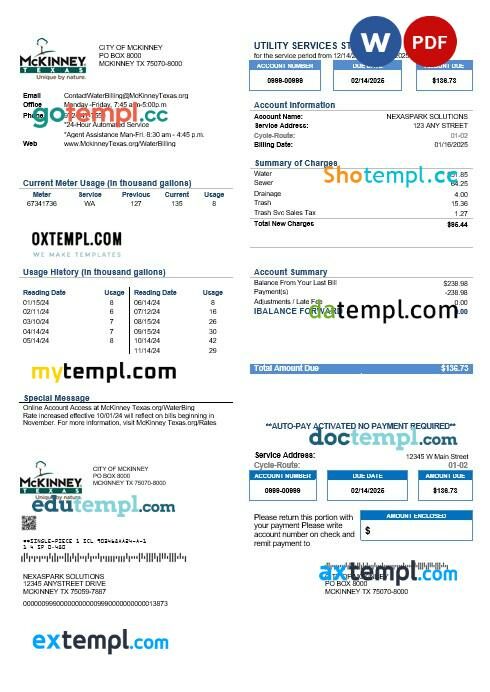 USA Texas McKinney business utility bill template in Word and PDF formats