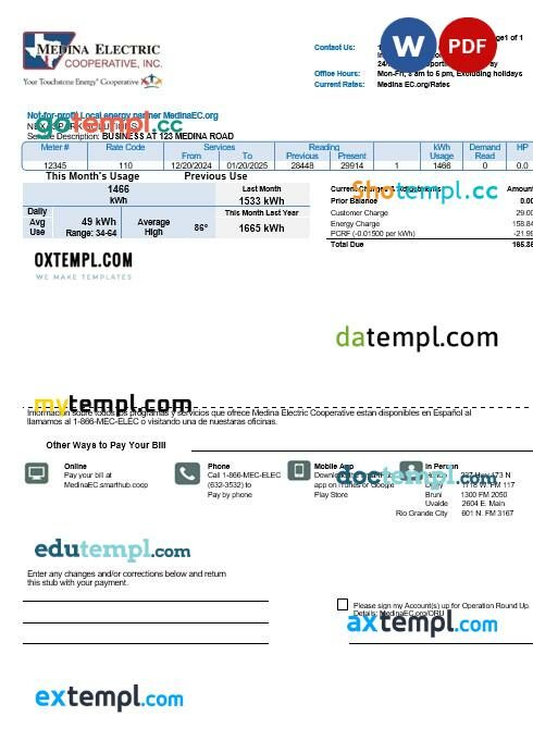 USA Texas Medina Electric business utility bill template in Word and PDF formats
