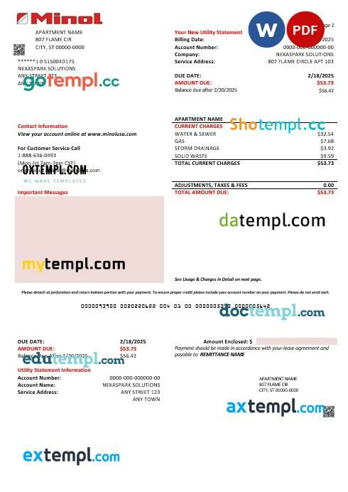 USA Texas Minol business utility bill template in Word and PDF formats