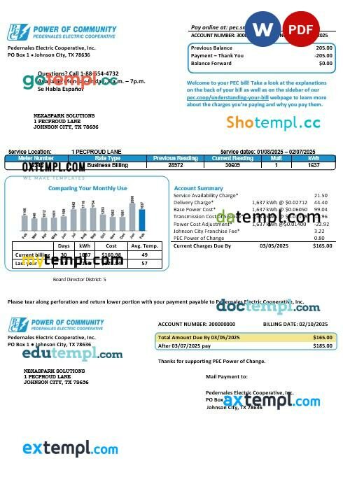 USA Texas Power of Community electricity business utility bill in Word and PDF formats, good for address prove