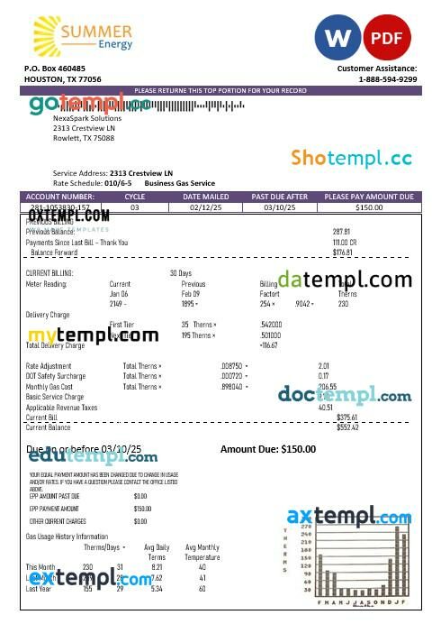 USA Texas Summer Energy easy fillable business utility bill template in Word and PDF formats
