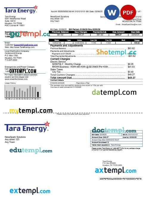 USA Texas Tara Energy business utility bill template in Word and PDF formats