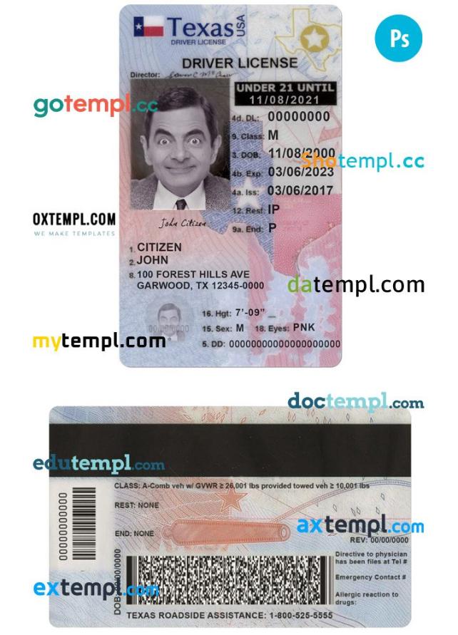 USA Texas state vertical driving license editable PSD template, under 21