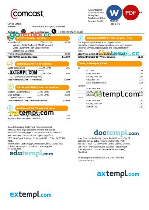 USA Utah Comcast business utility bill template in Word and PDF formats, version 1