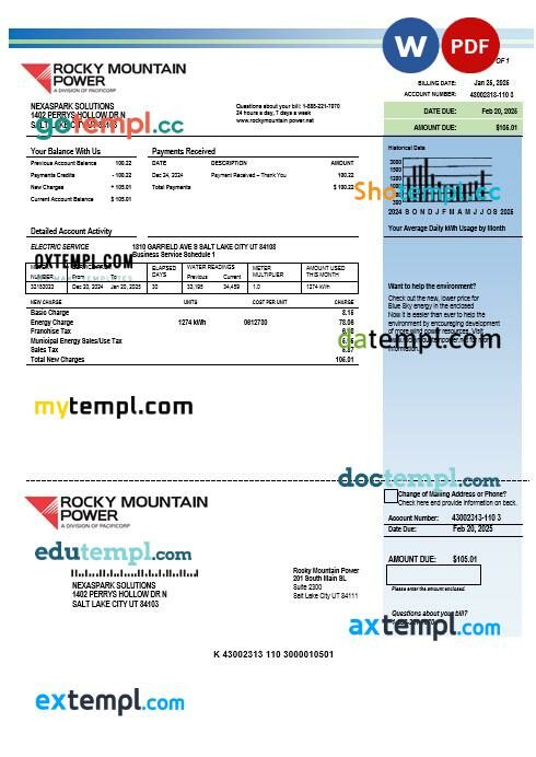 USA Utah Rocky Mountain Power electricity business utility bill template in Word and PDF formats