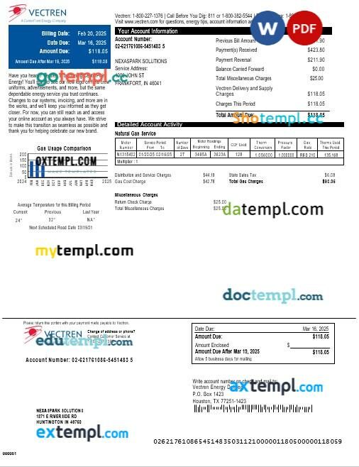 USA Vectren business utility bill download Word and PDF example