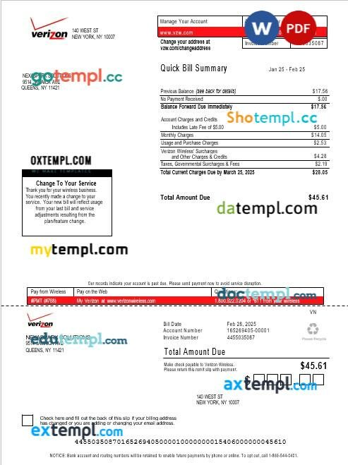 USA Verizon business utility bill Word and PDF template, version 3