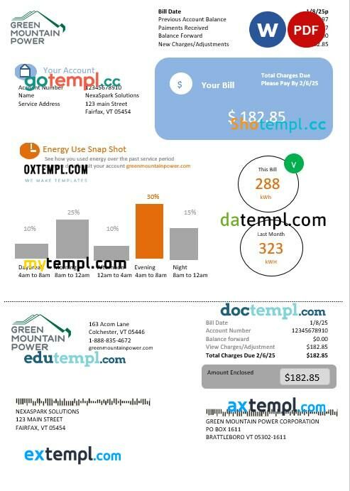 USA Vermont Green Mountain Power electricity business utility bill in Word and PDF formats