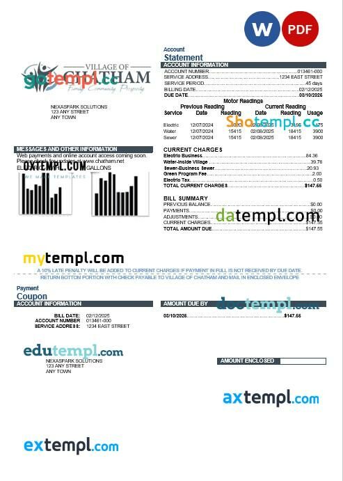 USA Village of Chatham business utility bill template in Word and PDF formats