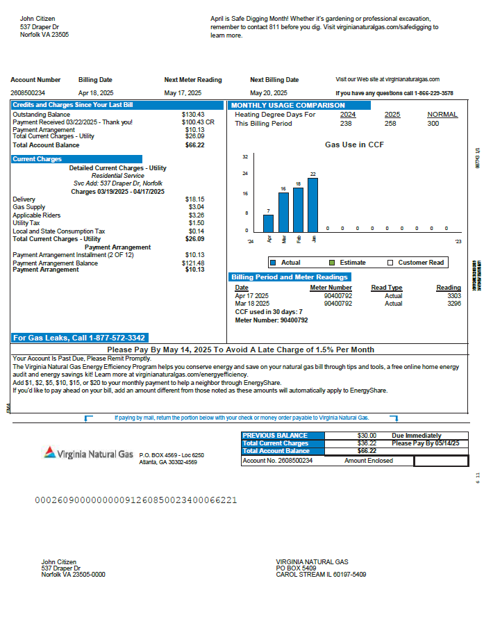 USA Virginia Natural Gas utility bill template in Word and PDF formats