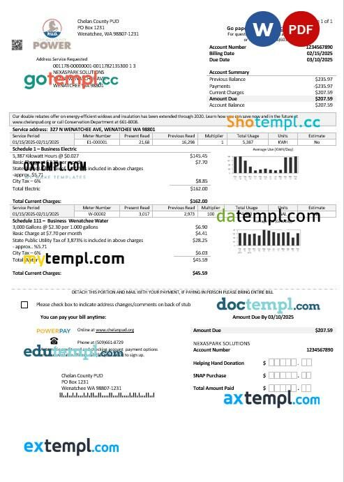 USA Washington Chelan County PUD business utility bill template in Word and PDF formats