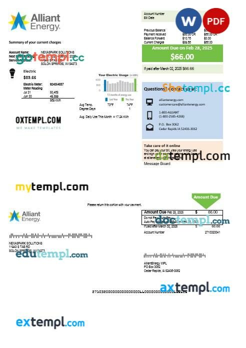 USA Wisconsin Alliant Energy electricity business utility bill template in Word and PDF formats