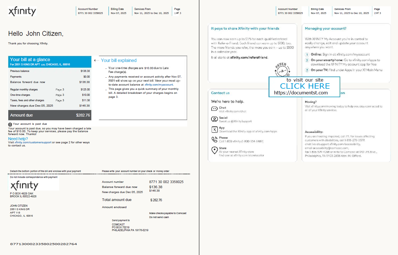USA Xfinity utility bill template in Word and PDF formats, 3 pages, version 2
