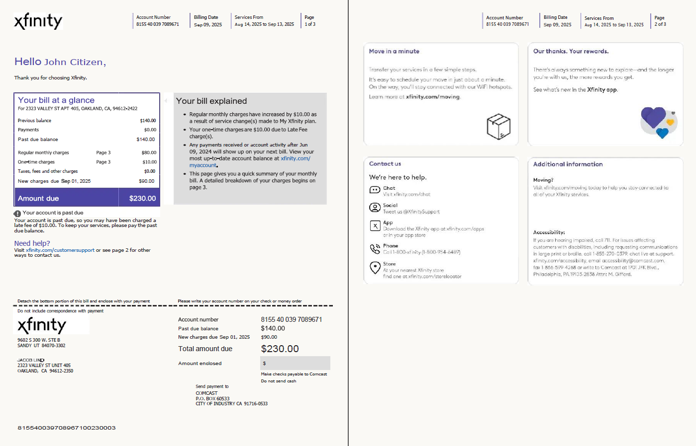 USA Xfinity utility bill template in Word and PDF formats, 3 pages, version 3