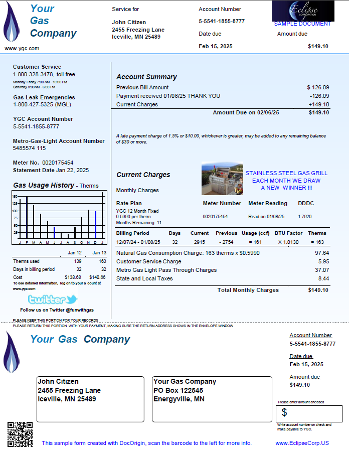 USA your gas company utility bill template in Word and PDF formats