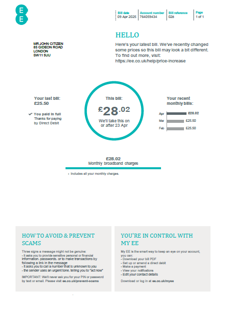 United Kingdom EE utility bill template in Word and PDF formats