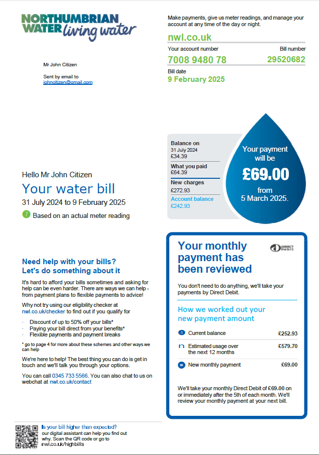 United Kingdom Northumbrian Water utility bill template in Word and PDF formats, version 2