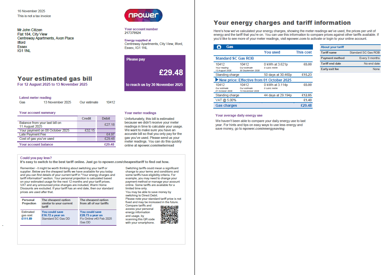United Kingdom Npower utility bill template in Word and PDF formats, 3 pages