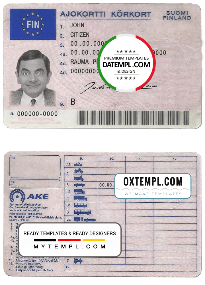 Finnish driver license download example in PSD format, fully editable