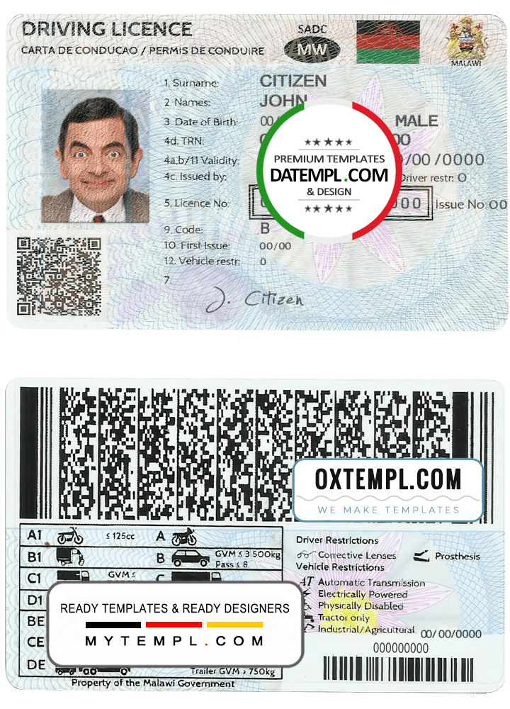Malawian driver license download example in PSD format, fully editable