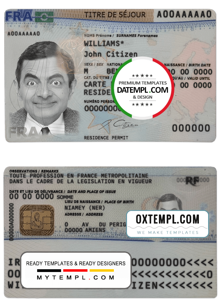 French residence permit (titre de séjour) example in PSD format, fully editable, with all fonts (2019 - present)