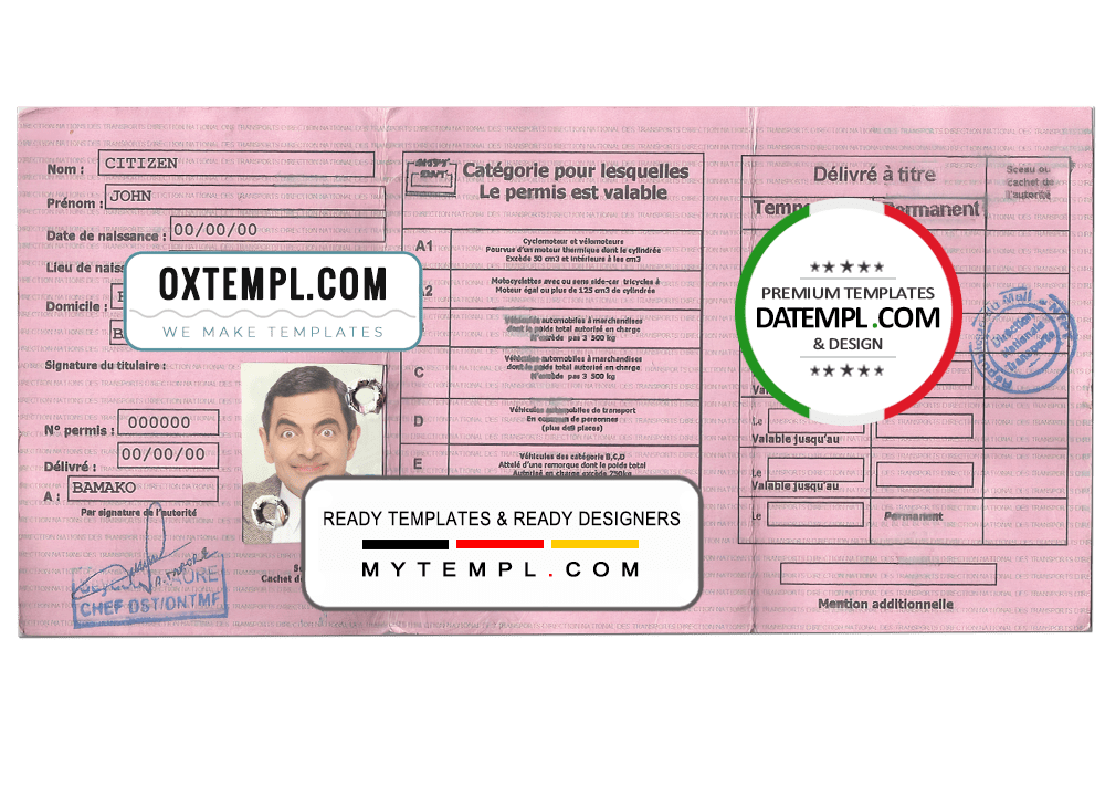 Malian driver license download example in PSD format, fully editable