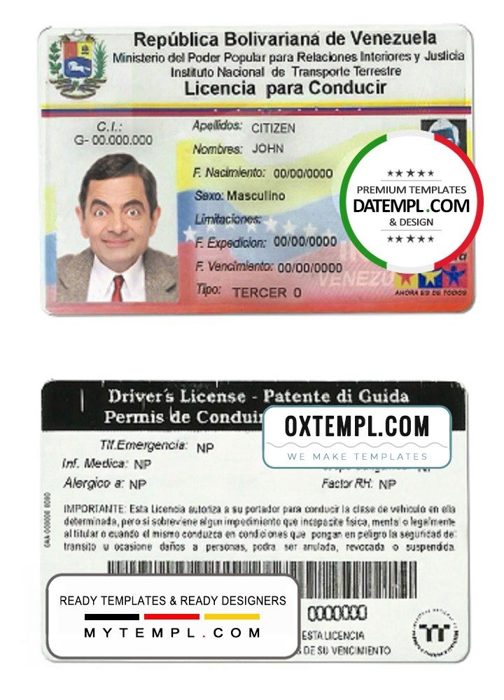 Venezuela driver license download example in PSD format, fully edtable