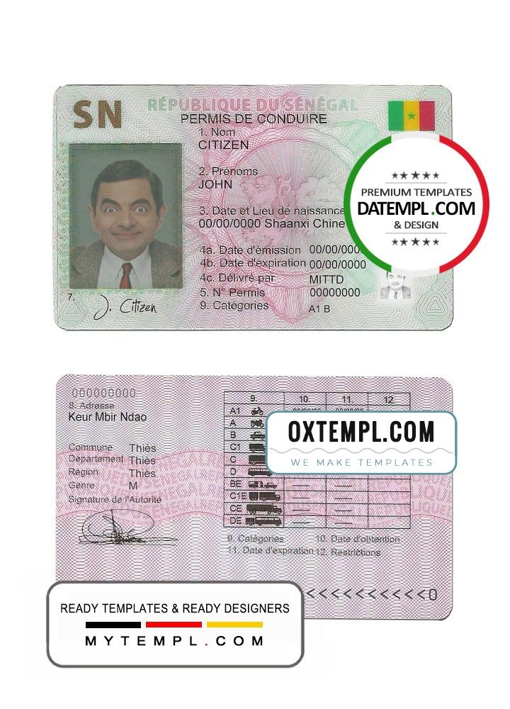 Senegalese driver license download example in PSD format, fully editable