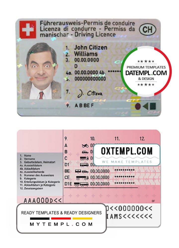 Swiss driver license download example in PSD format, fully editable