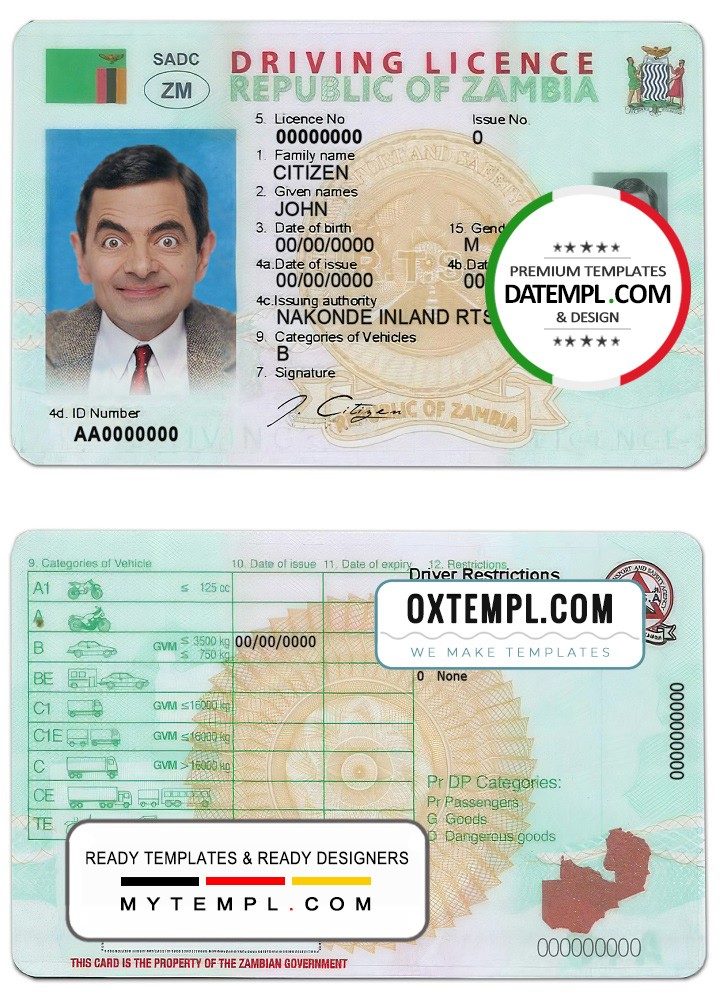 Zambian driver license download example in PSD format, fully editable
