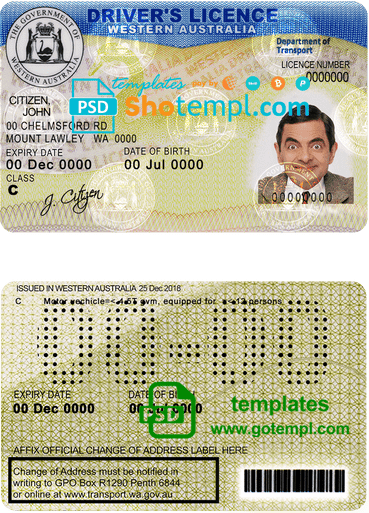 Western Australian driver license example in PSD format, fully editable