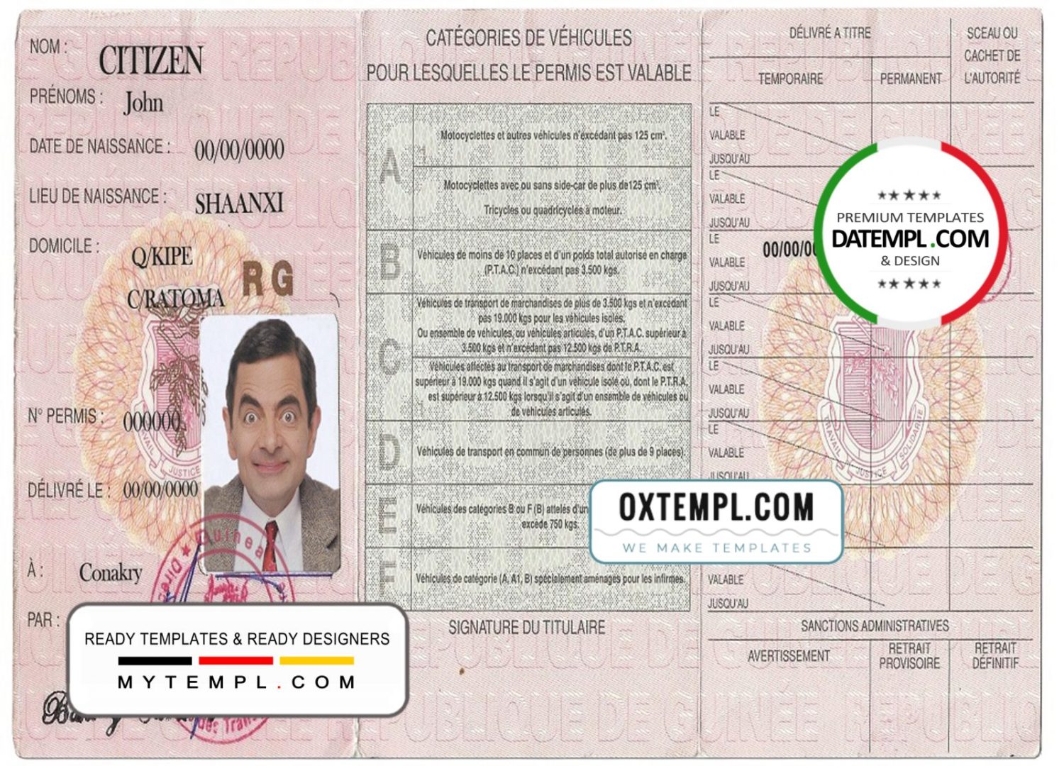 Guinean driver license download example in PSD format, fully editable