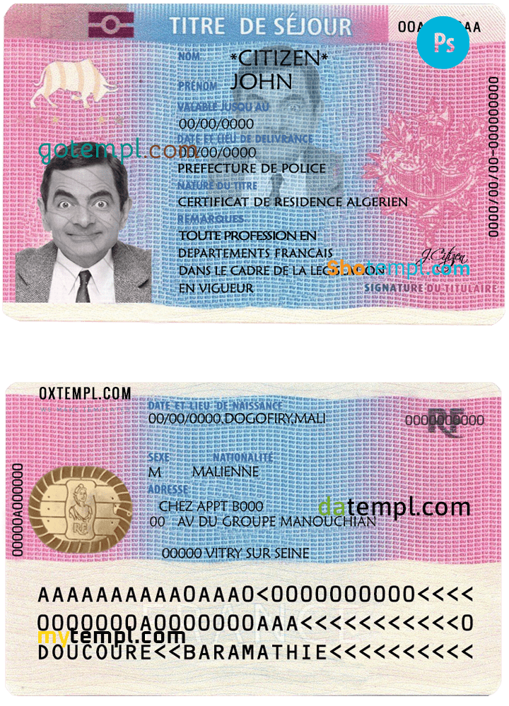 French residence permit (titre de séjour) example in PSD format, fully editable, with all fonts