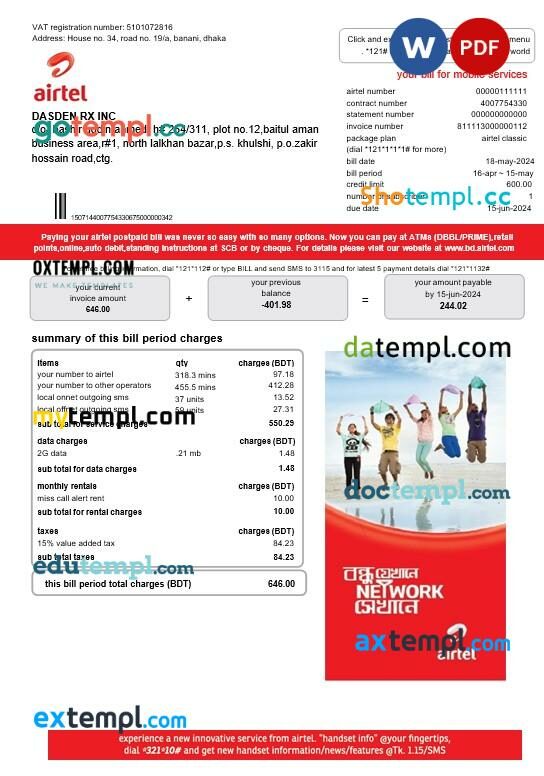 India Airtel telecommunication services business utility bill template in Word and PDF format
