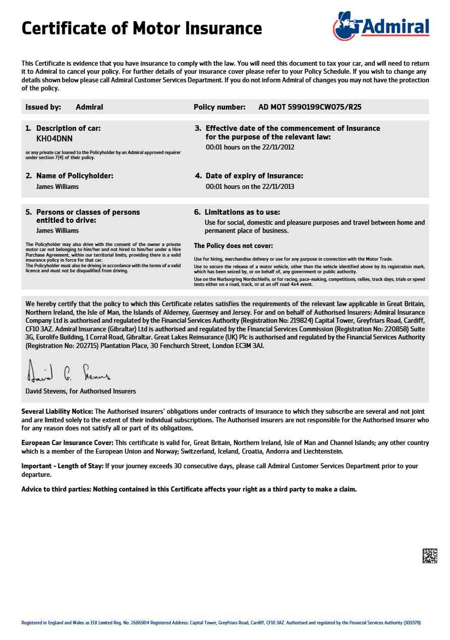 Admiral car insurance template in Word and PDF formats, version 2