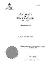 Canada British Columbia Register of companies certificate of change of name template in PSD format