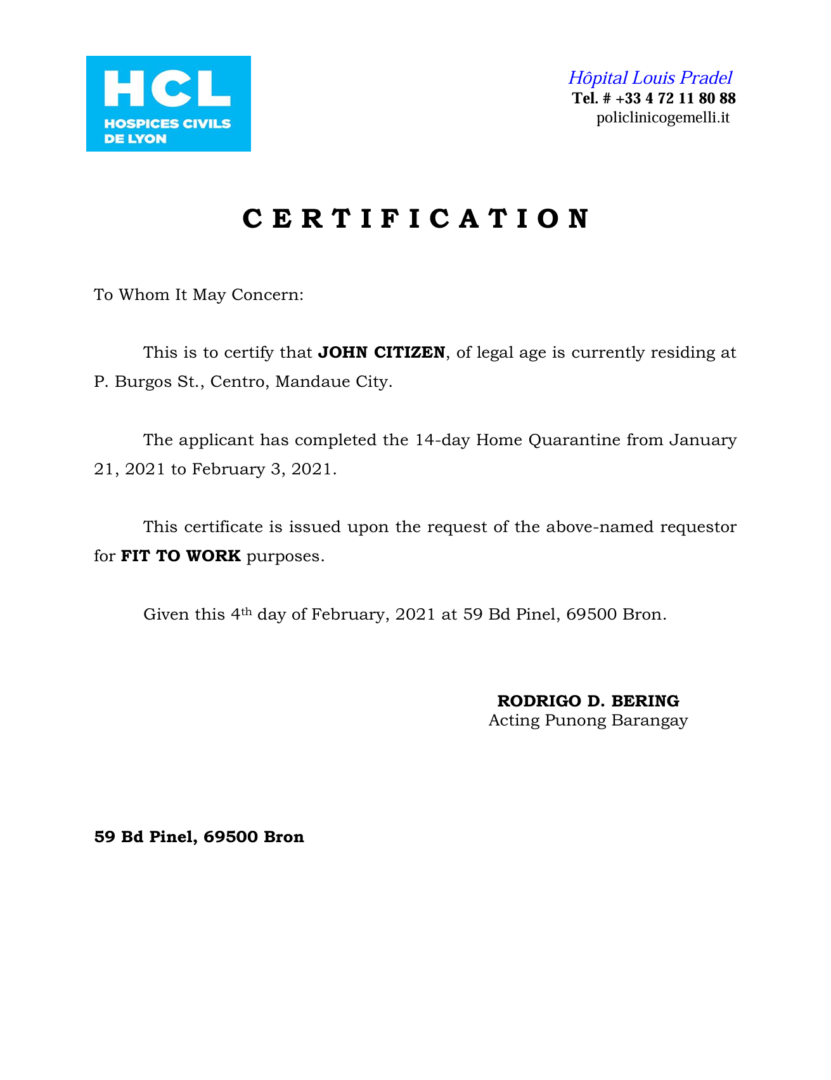 Hospices Civils de Lyon - Hôpital Louis Pradel medical certificate template in Word and PDF formats