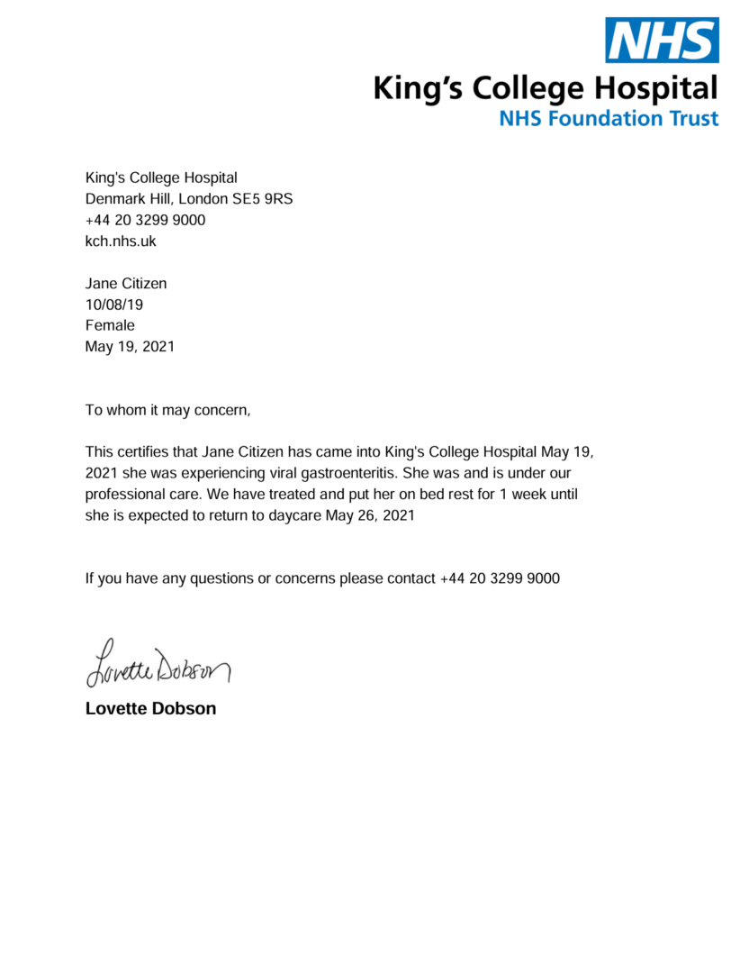 King's College Hospital doctor note template in Word and PDF formats
