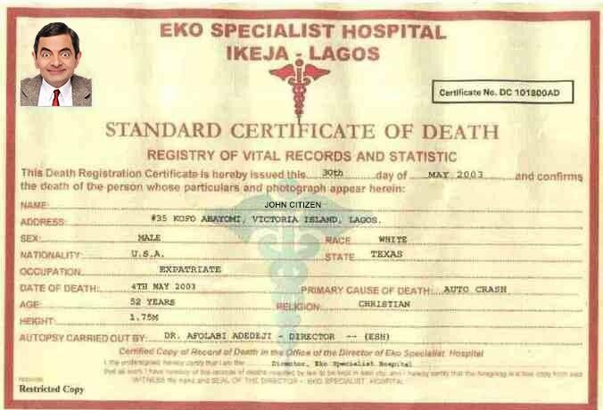 Nigeria Eko specialist hospital death certificate template in PSD format