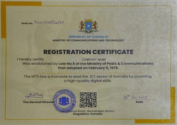 Somalia Registration Certificate PSD template