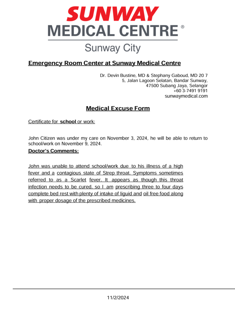 Sunway Medical Centre medical excuse template in Word and PDF formats