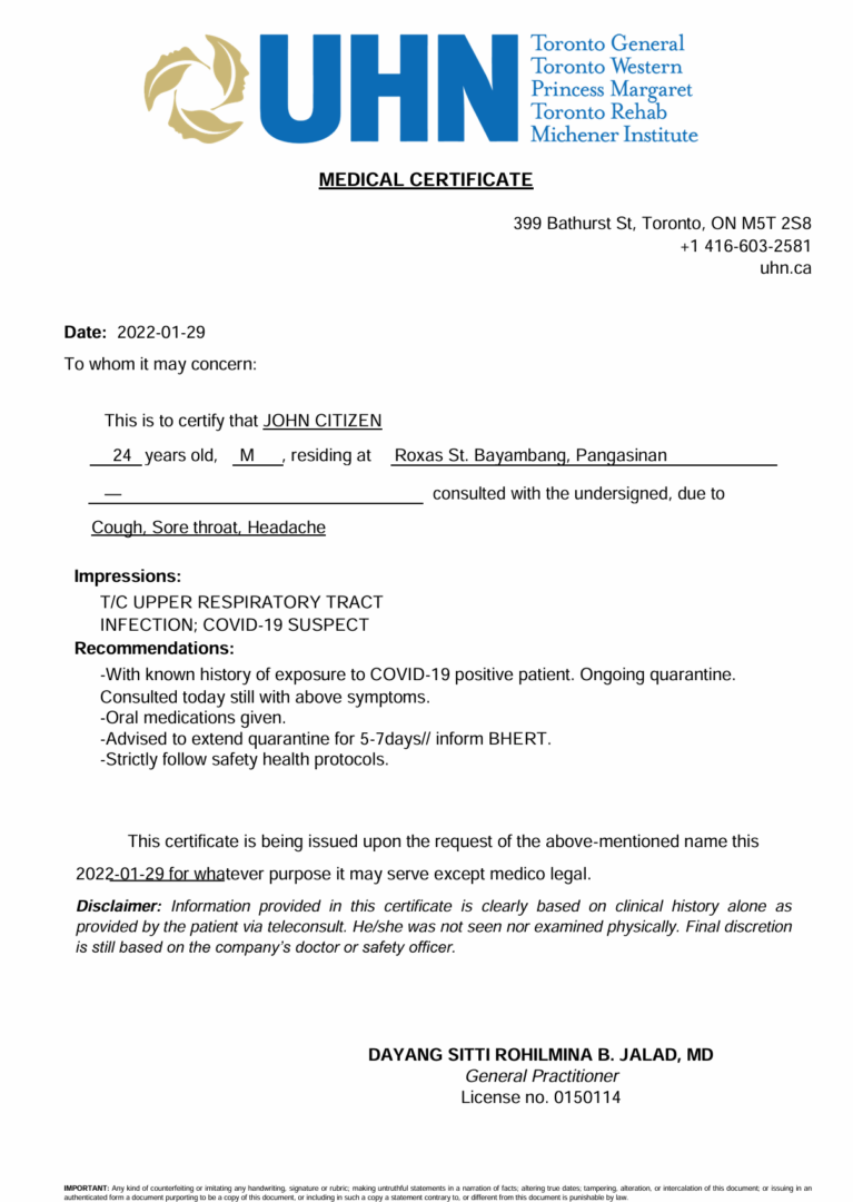 Toronto Western - University Health Network medical certificate template in Word and PDF formats